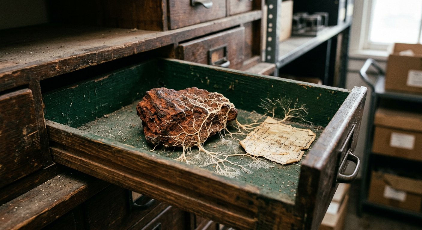 Open wooden catalog drawer with mycelium crossing an iron stone.