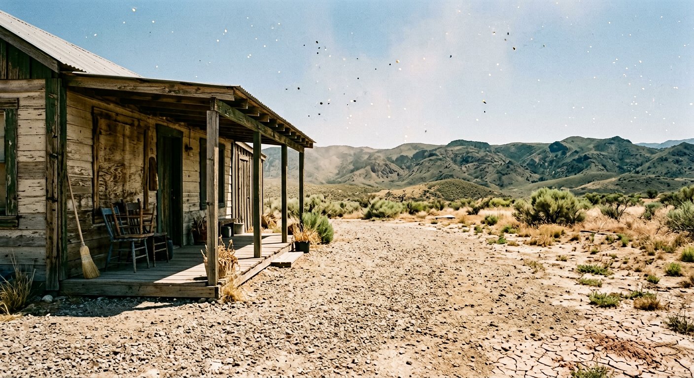 Harsh dry-season gravel yard, two chairs stacked in the porch shade.