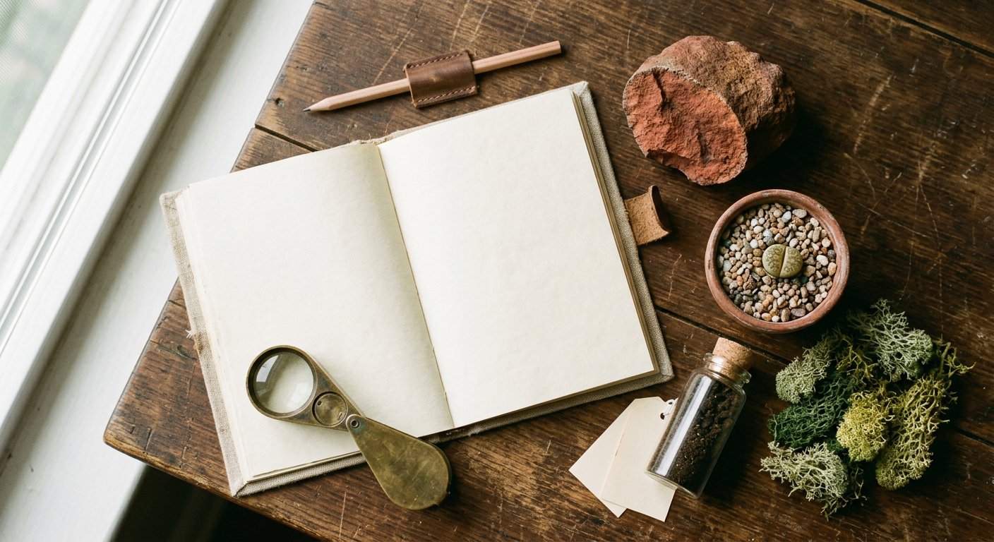Field table: open notebook, brass loupe, iron stone, a lithops in gravel, a vial of soil.