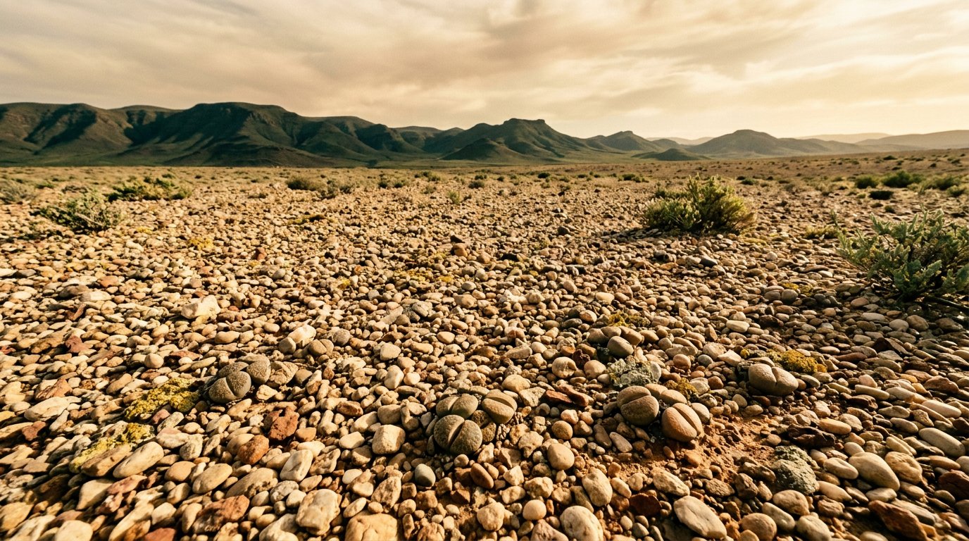 Gravel plain at dusk, lithops hiding among pale and brick stones.
