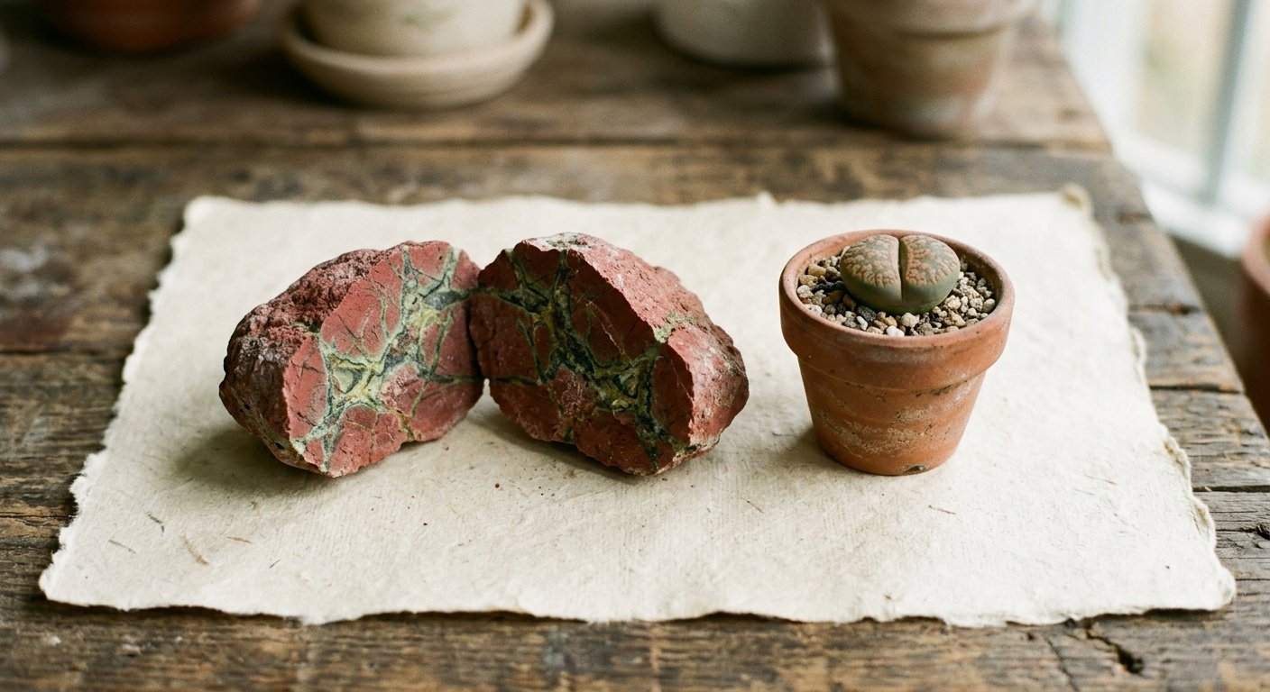 Split brick-red iron stone beside a living lithops.