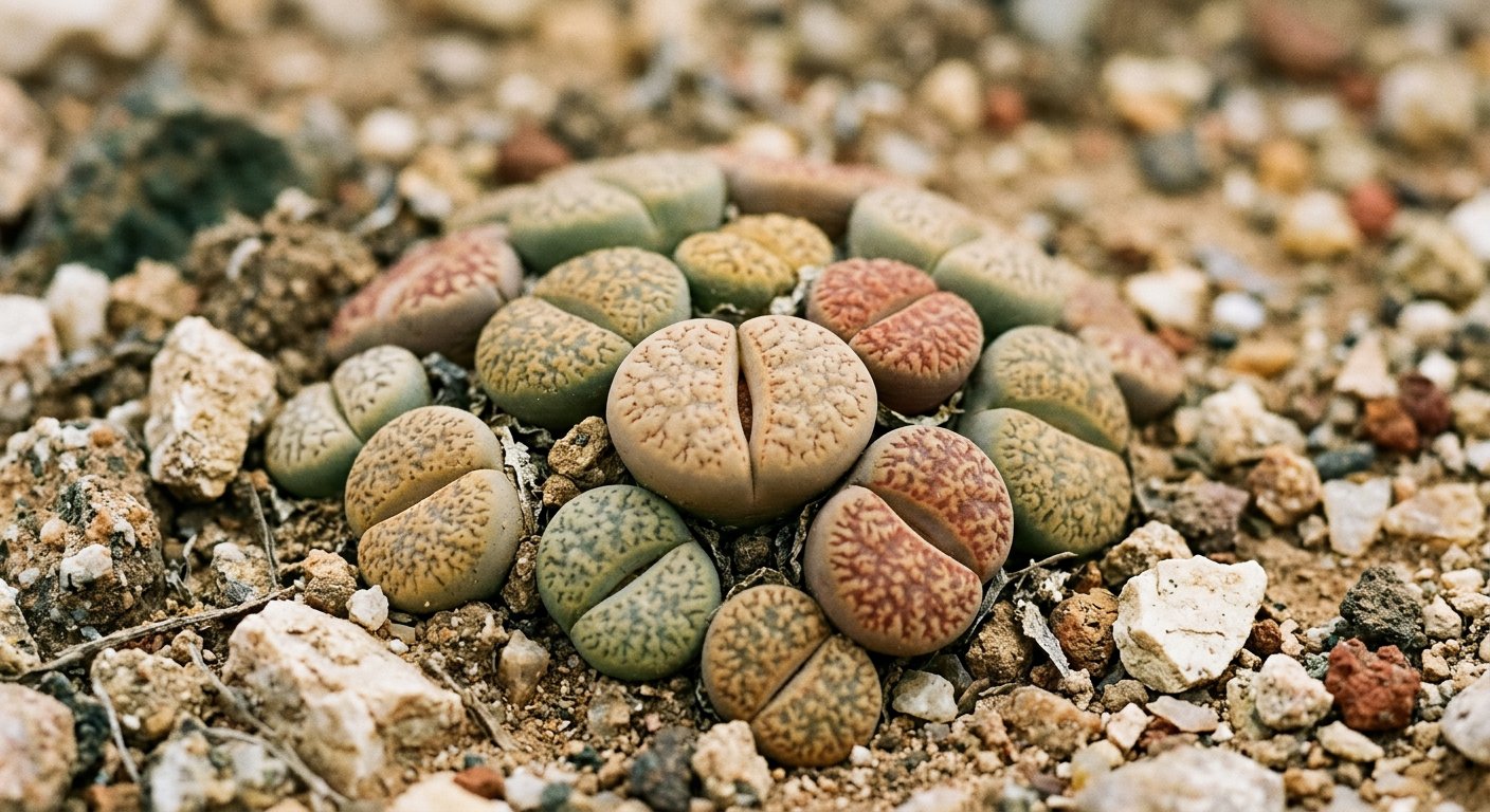 A cluster of living stones, split bodies in champagne, sage and brick.