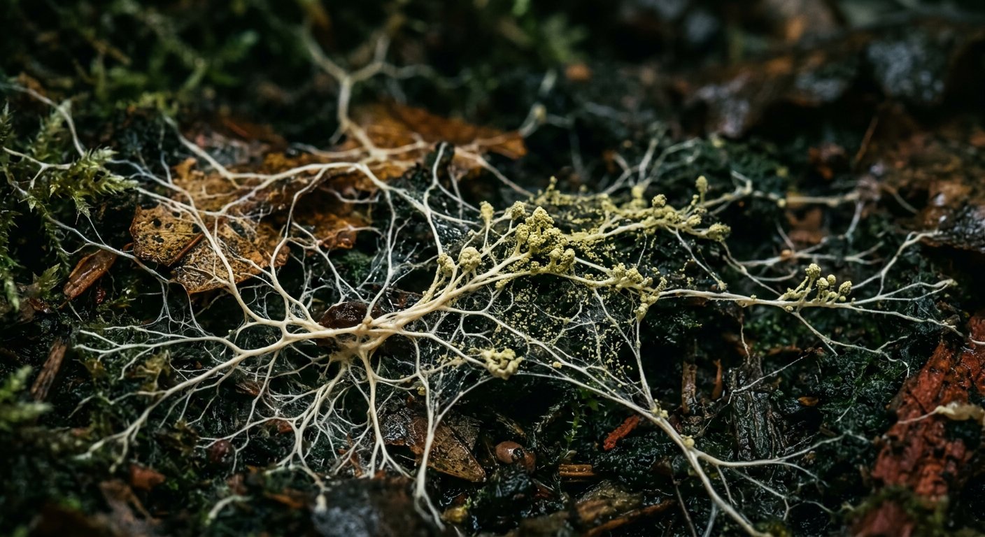 Cream mycelium threads spreading through wet leaf litter.