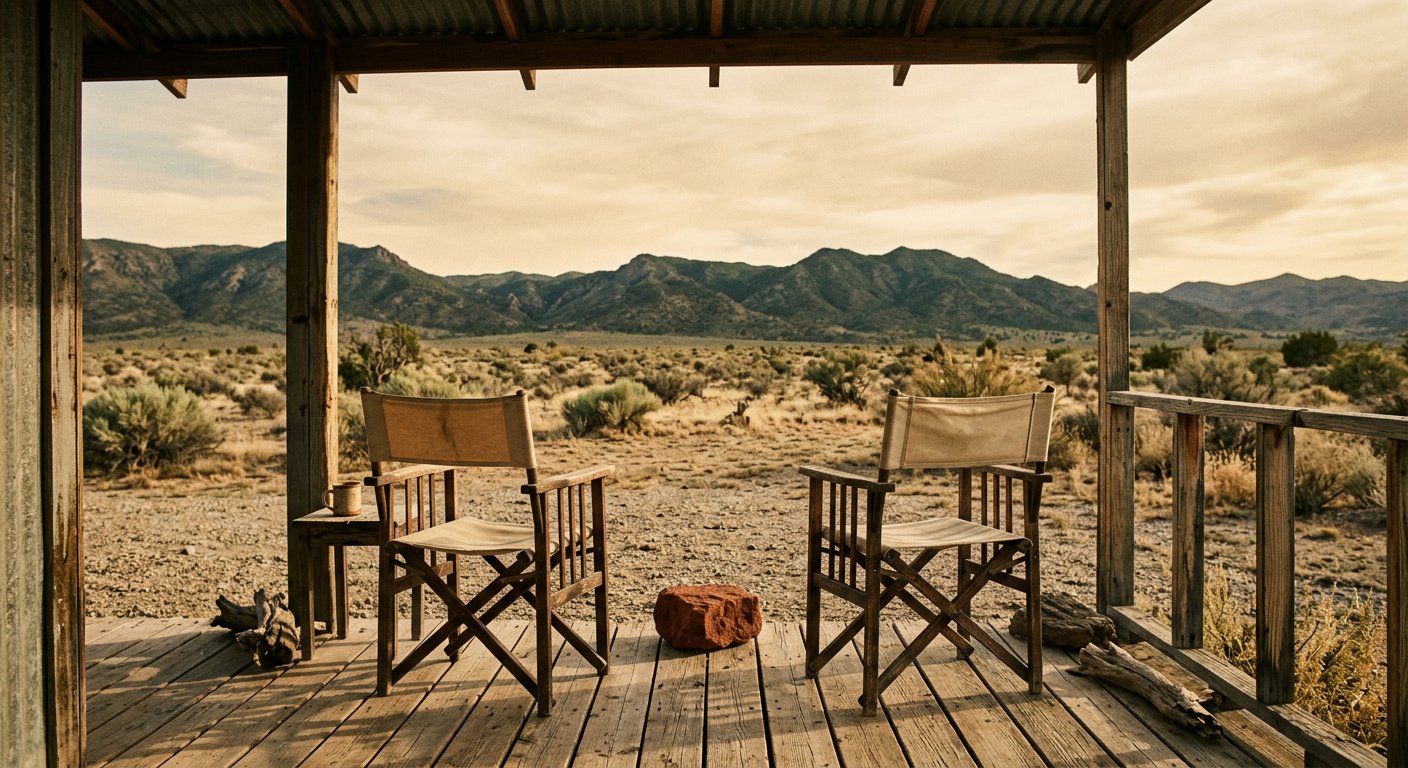 Two empty wooden chairs on a porch facing a gravel plain at dusk.