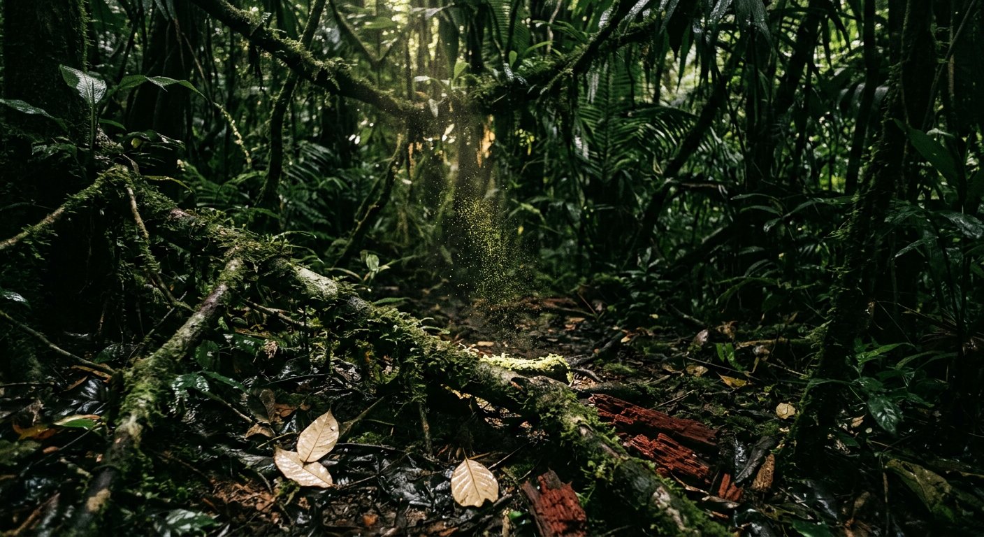 Dark wet forest floor, a shaft of light full of spore dust.