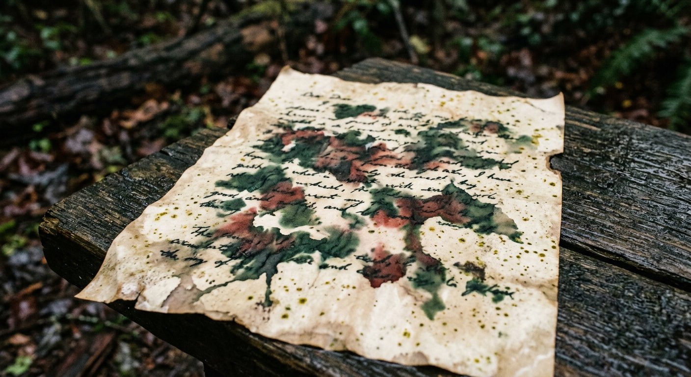 A rain-stained field letter, ink bleeding brick and hunter into champagne paper.